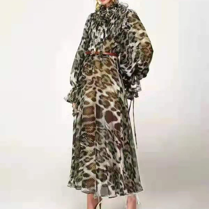 

Женское длинное платье с леопардовым принтом, дизайнерское подиумное платье с рукавом-фонариком и поясом, осень 2021
