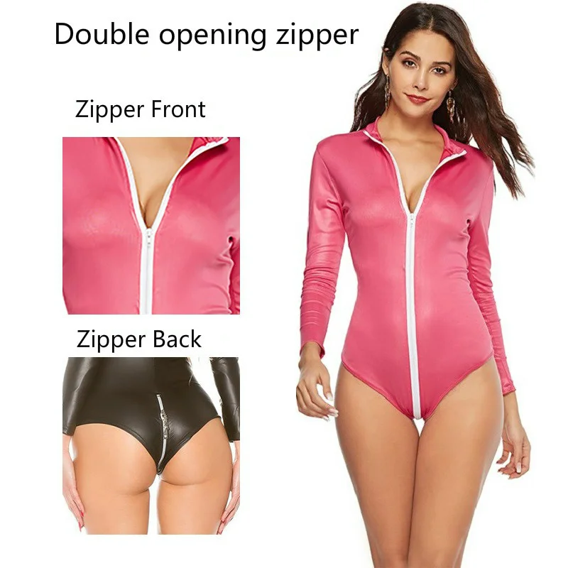 

Sexy Faux Leather Female Bodysuit Open Crotch Zipper Jacket Women Erotic Latex Catsuit Bodycon Skirt Motocross Clothing Leotard