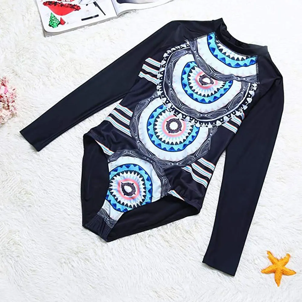 Женский купальный костюм с длинными рукавами Цельный купальник принтом Черный