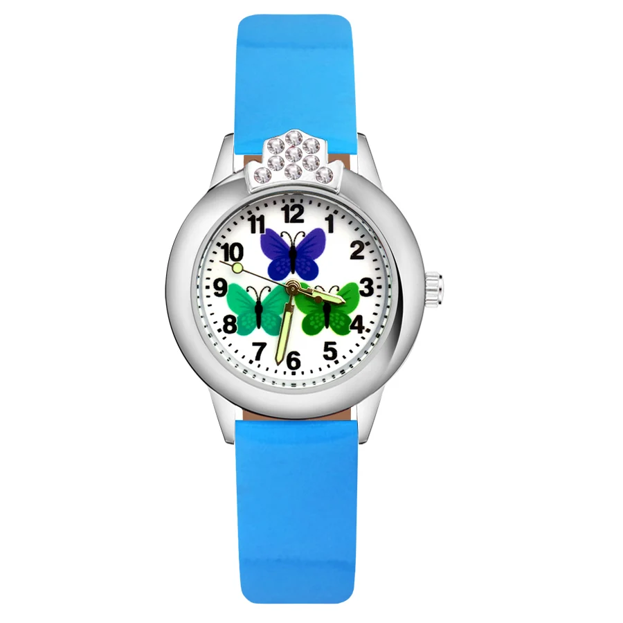 

Cartoon pretty butterfly Crystal style Children's Watches Kids Student Girls Quartz Leather strap Wrist Watch Clock JK162
