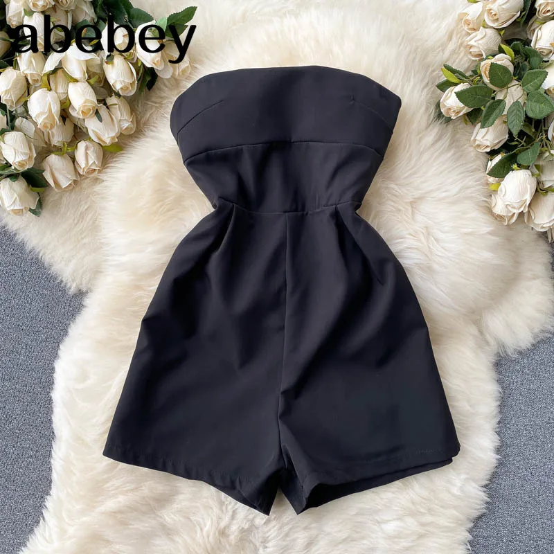 

Women Boho Solid Jumpsuits Korean Slim Strapless Flare Sleeve Bow Sashes Rompers Spring Print Wide Leg short Rompers