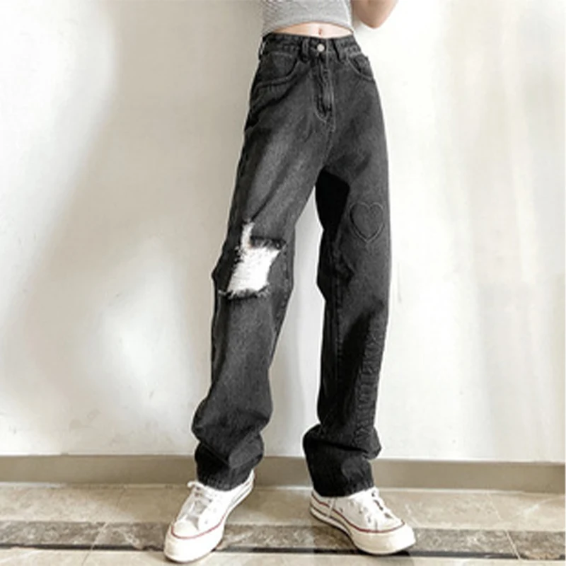 

Black High Waist Women's Office Pants Straight Frayed Loose Casual Jeans Female 2021 Fall Love Embroidery Wide Leg Long Trousers
