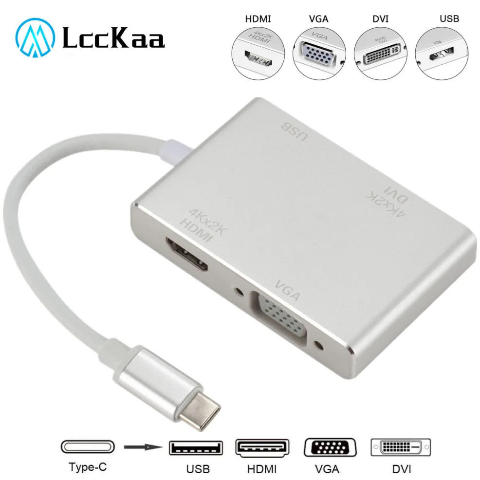 4K x 2K USB 3,1 USB C HDMI-совместимый адаптер 4 в 1 LccKaa для VGA DVI USB 3,0 кабель для ноутбука Apple USB C разветвитель