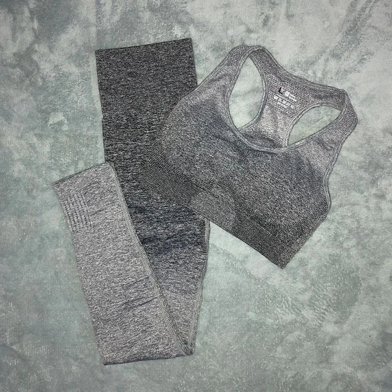 gray set Спортивный комплект, тренировочная одежда, женские бесшовные Легинсы+ спортивный бюстгальтер, 2 предмета, спортивная одежда, женская спортивная одежда, бесшовный комплект для йоги с эффектом омбре - Цвет: gray set