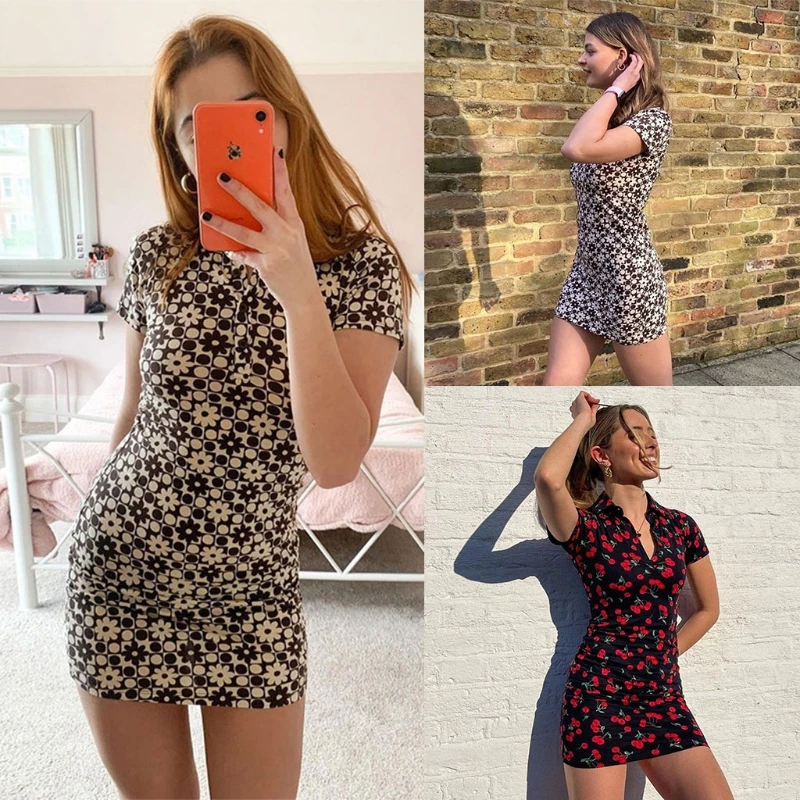 

Women Summer Short Sleeve Sexy Lapel Button V-Neck Bodycon Mini Dress Vintage Floral Cherry Printed Package Hip Slim Fit 68UA