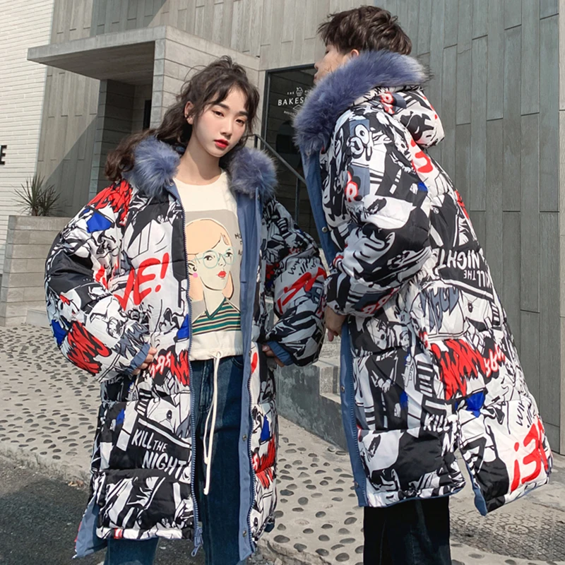 Зимняя длинная куртка Мужская/женская одежда Harajuku ветровка Толстые теплые