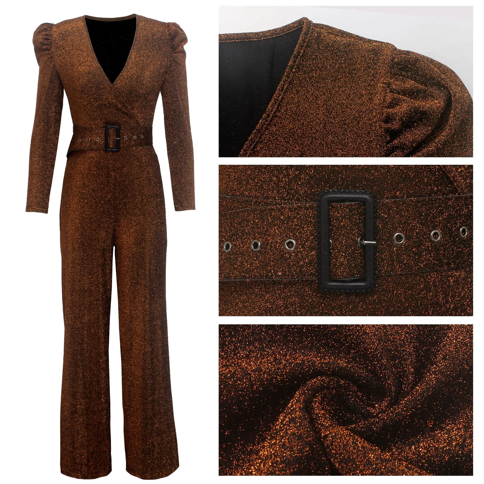 Блестящий Комбинезон с глубоким v-образным вырезом и пышными рукавами длинными