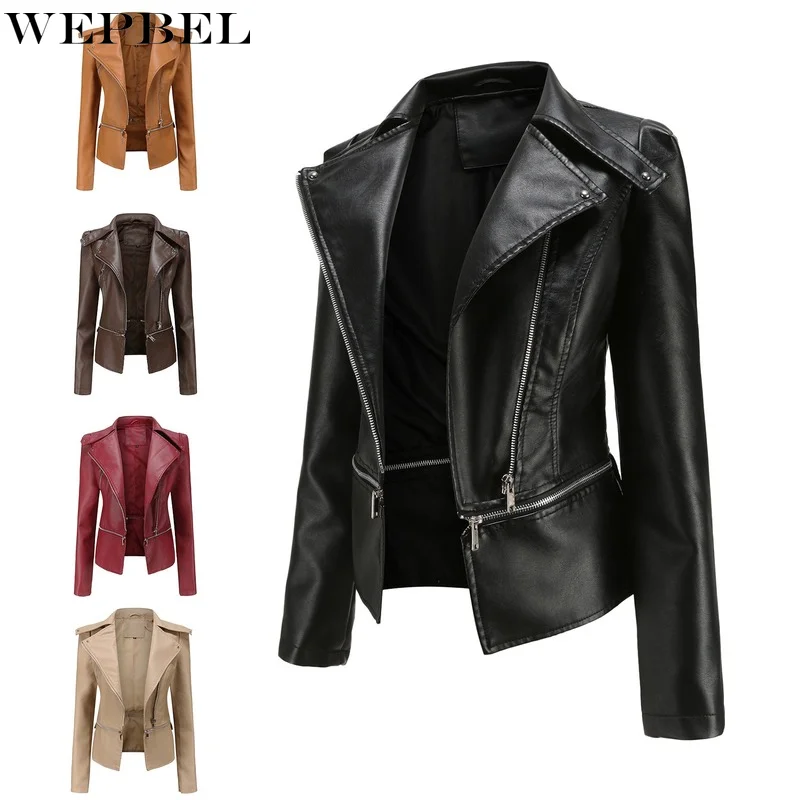 

WEPBEL Women PU Leather Jacket Coat Slim Women Leather Jacket Motorcycle Zipper Long Sleeve Jackets