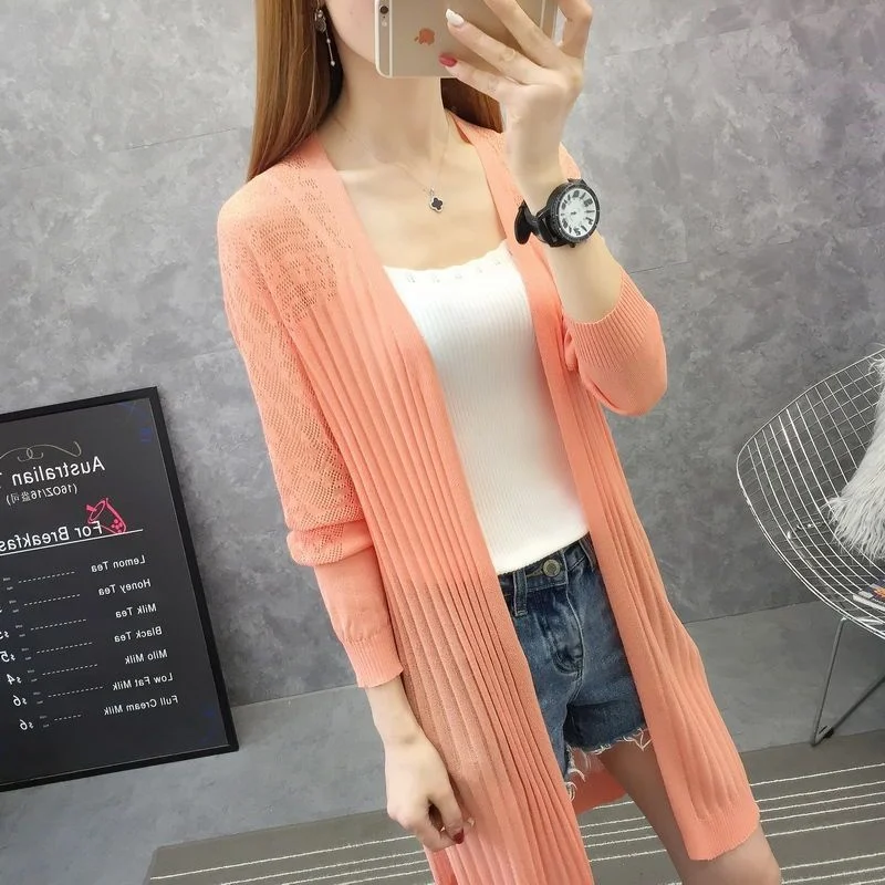 

Thin Ice Silk Knitted Cardigan Women's Hollow Out Medium Length Sunscreen Clothing Fashion Korean Jacket Air Conditioning Shirt