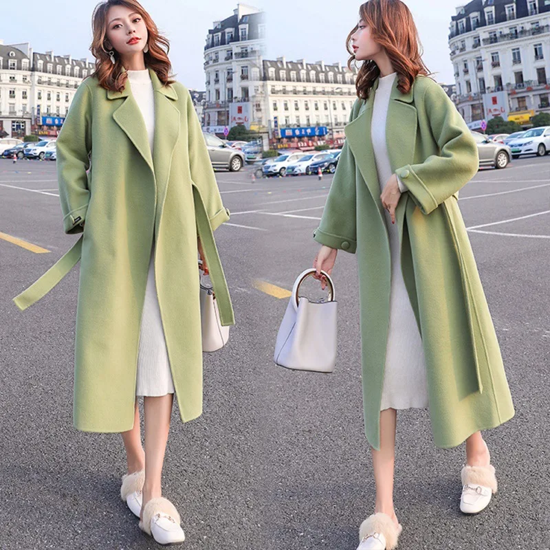 

Autumn and winter fresh avocado green woolen coat mid-length over the knee Korean version of Hepburn style woolen coat trend