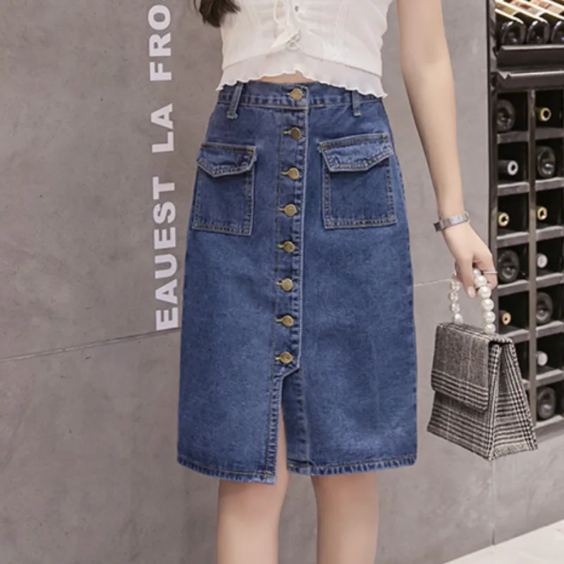 Женские летние однобортные джинсовые юбки до колена размера плюс размеры S M L XL 2XL