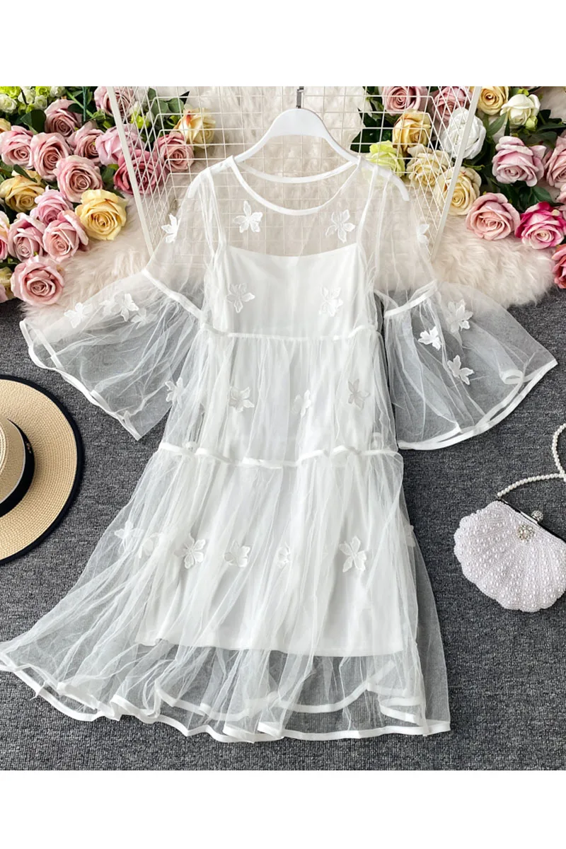 

2021 New Summer Sweet Loose Flare Sleeve Dress Solid A Line O Neck Short High Waist Women Party Dress