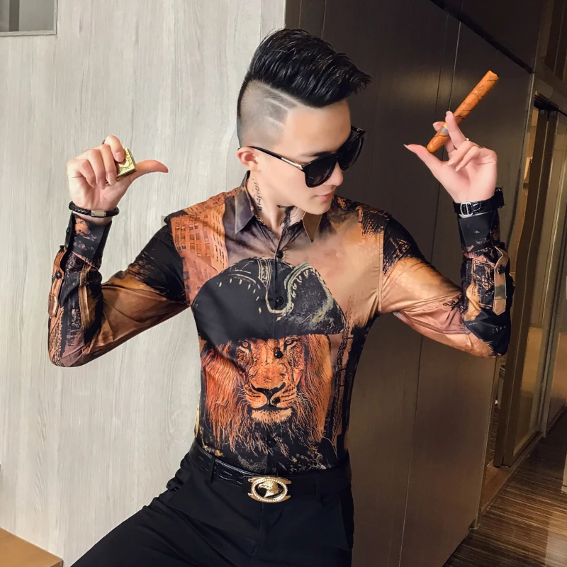 Мужская рубашка с головой льва, DJ Singer Camisa Homem Prom Camisa Masculina, Роскошная золотая рубашка с принтом животных, мужская рубашка с длинными рукавами, вечерние Клубные