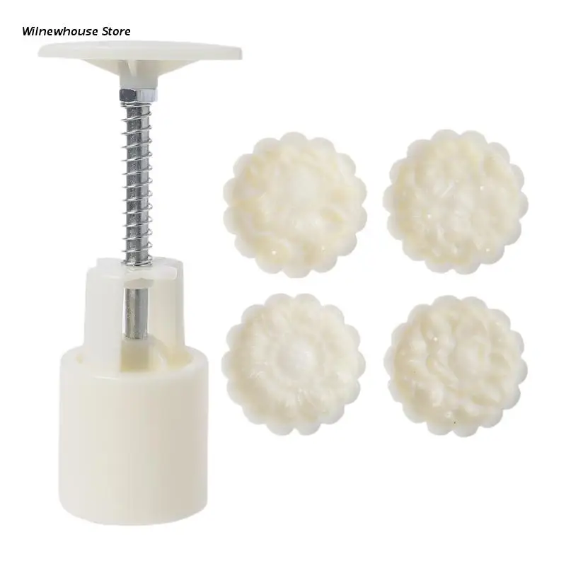 

F62A Flower Round Moon Cake Mold 50g Hand-Pressure 4 Stamps Chinese Traditional Mooncake Molds for Mid-Autumn DIY Pastry Tool