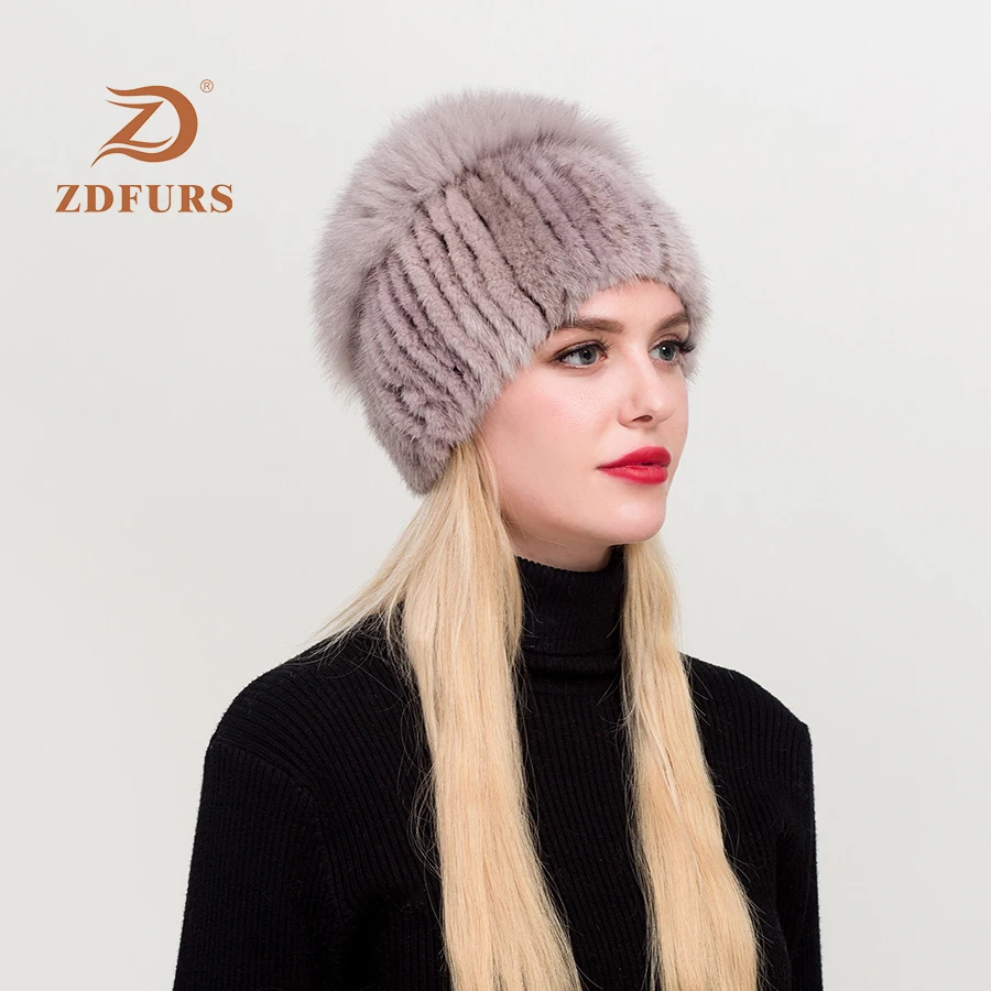 ZDFURS* горячая Распродажа модные зимние теплые женские вязаные шапки норковые шапки вертикальное плетение с лисьим мехом на верхней части