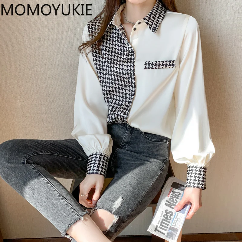 С рисунком гусиные лапки атласная блузка для женщин офисные женские туфли Топы в