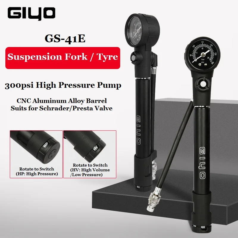 Giyo 300psi MTB Suspension Air Pump Bicycle Shock Fork Pump Bike Motor Schrader Presta Tyre Inflator Mini Gauge Tire Pumping