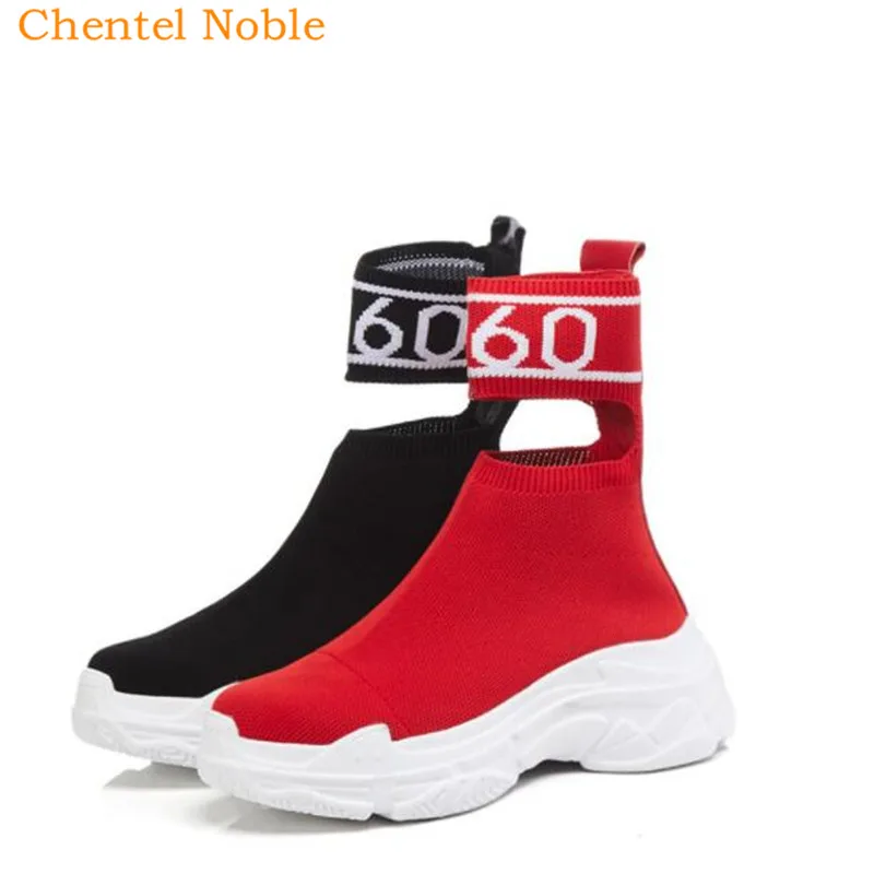 Женские ботинки-носки из эластичной ткани на толстом каблуке | Обувь