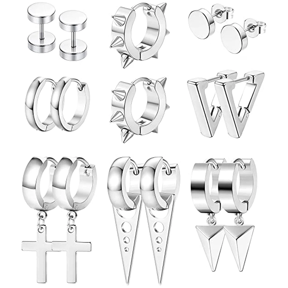 

Stainless Steel Punk Stud Earrings for Men Women Kpop Triangle Cross Rivet Awl Spike Hinged Dangle Huggie Hoop Piercing Earring