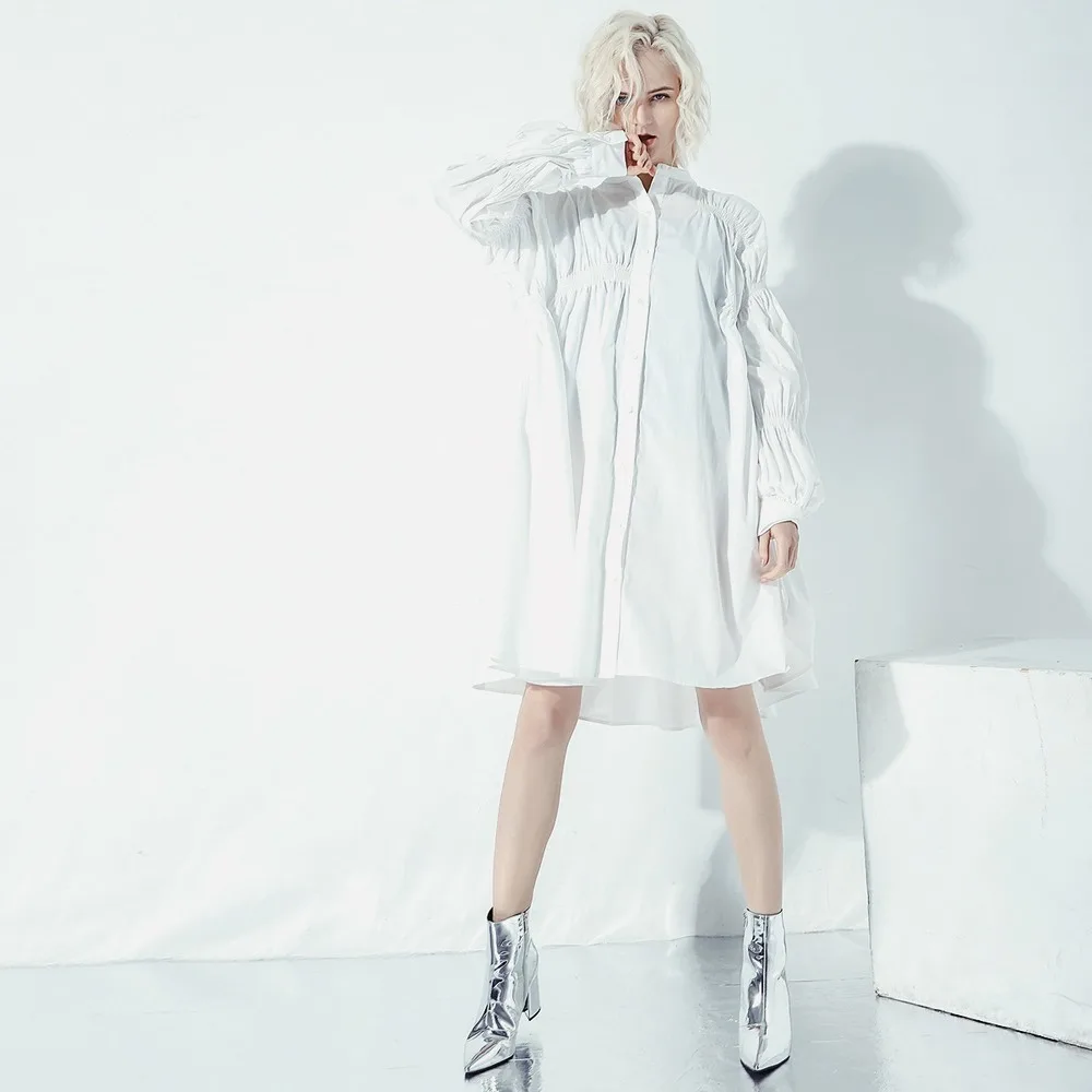 

Women Casual Dress2021Spring New Irregular Draped KneeLength Puff Sleeve O-Neck Cotton Straight White Dress Solid Natural Full