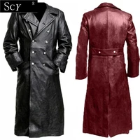 mens german classic ww2 military uniform officer black real leather trench coat gothic