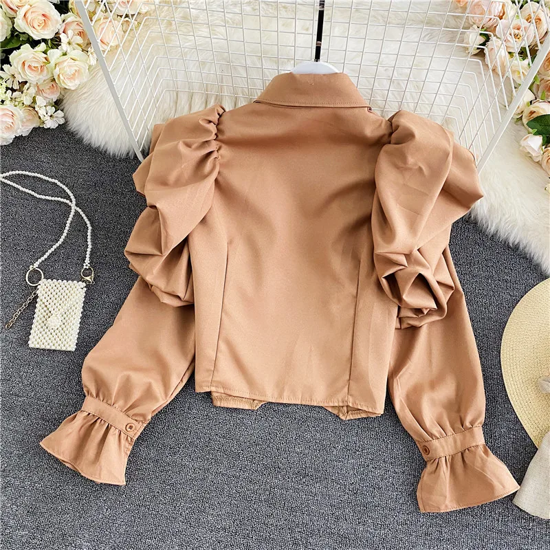 Spring and Fall New Elegant Retro Ruched Puff sleeve Shirt Women Lapel Single-breasted Long Sleeve Short Blouse Trend women's denim shirts & tops