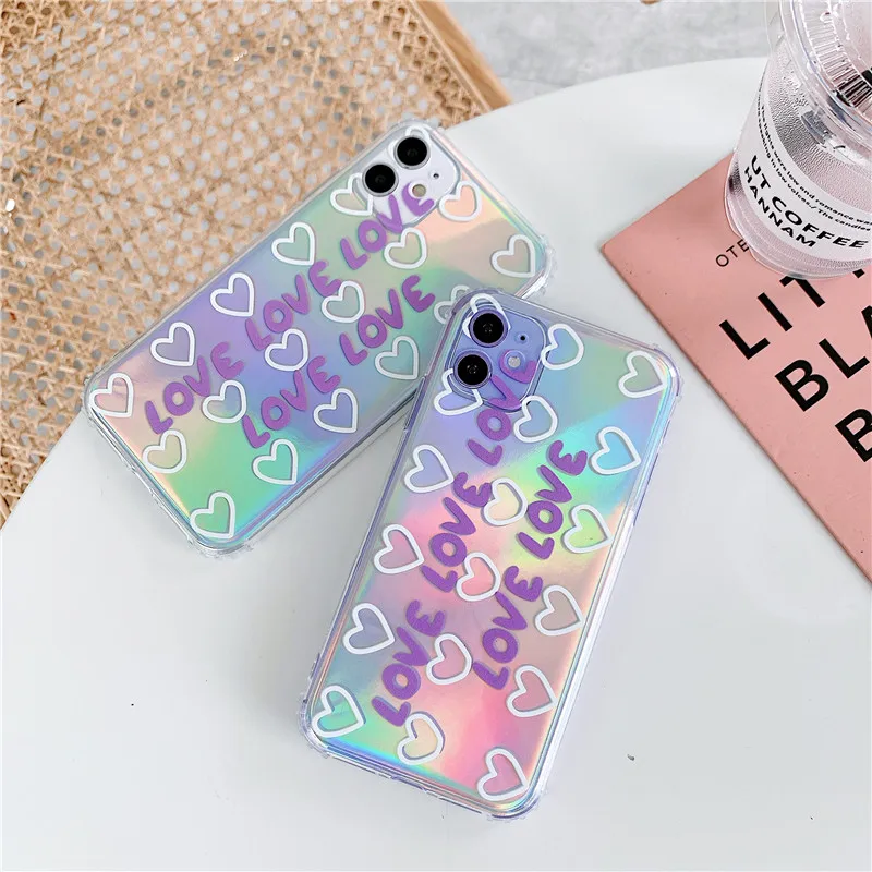 Чехол для телефона Rainbow Holographic Laser для iPhone 7 8 Plus X XS MAX XR 5S 6 6S Soft TPU Glossy 3D Hearts Back on.