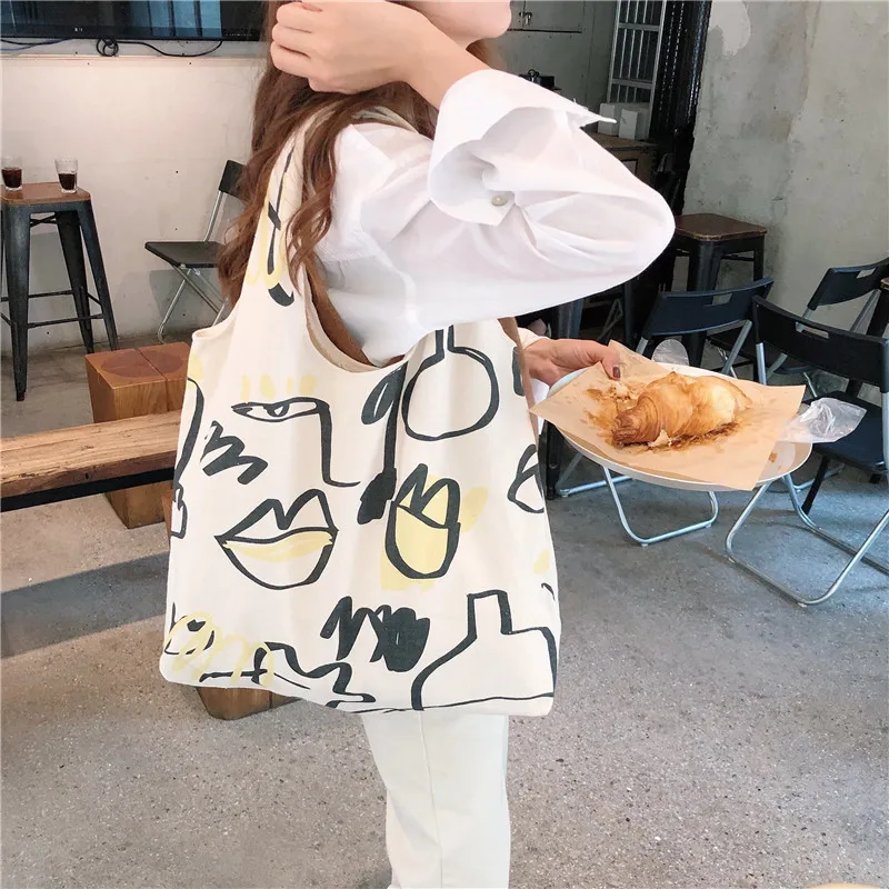 

2020 New Simple Canvas Women Bags Large Capacity Conventional Handbag Fruit Illustration Ladies Shoulder Bag Green Shopping Bag