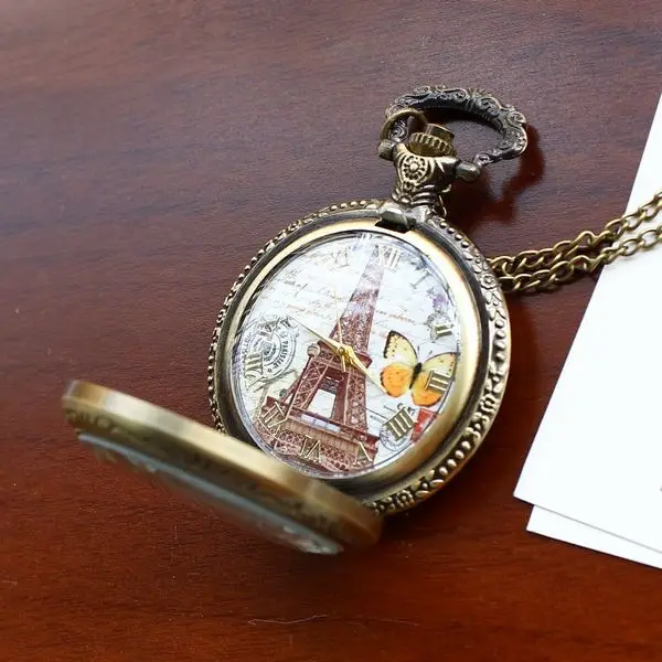 

2020Retro Style Men and Women Pocket Watch Bronze Pocket Watch Antique Case Necklace Pocket Watch Fashion Butterfly Eiffel Tower