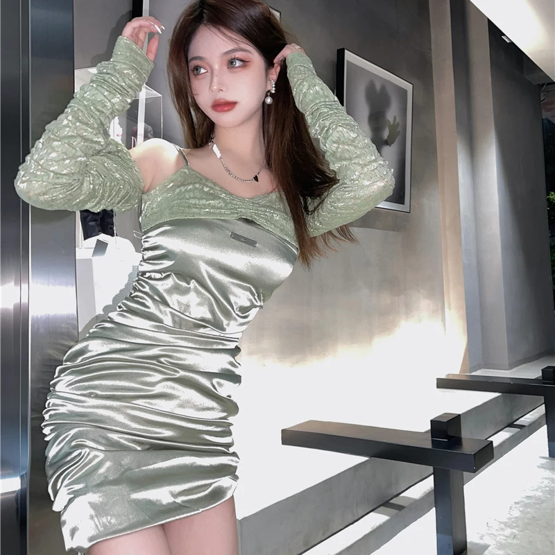 

Mini Dress Women Sexy Party V-Neck Fake Two Pieces Satin Bodycon Short Womens Summer Dresses Y864