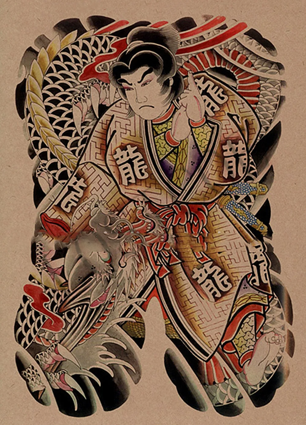 Koi Fish \ Dragon Phoenix Snake Samurai Tiger Buddha пион Ukiyo e тату в стиле ретро крафт бумага постеры