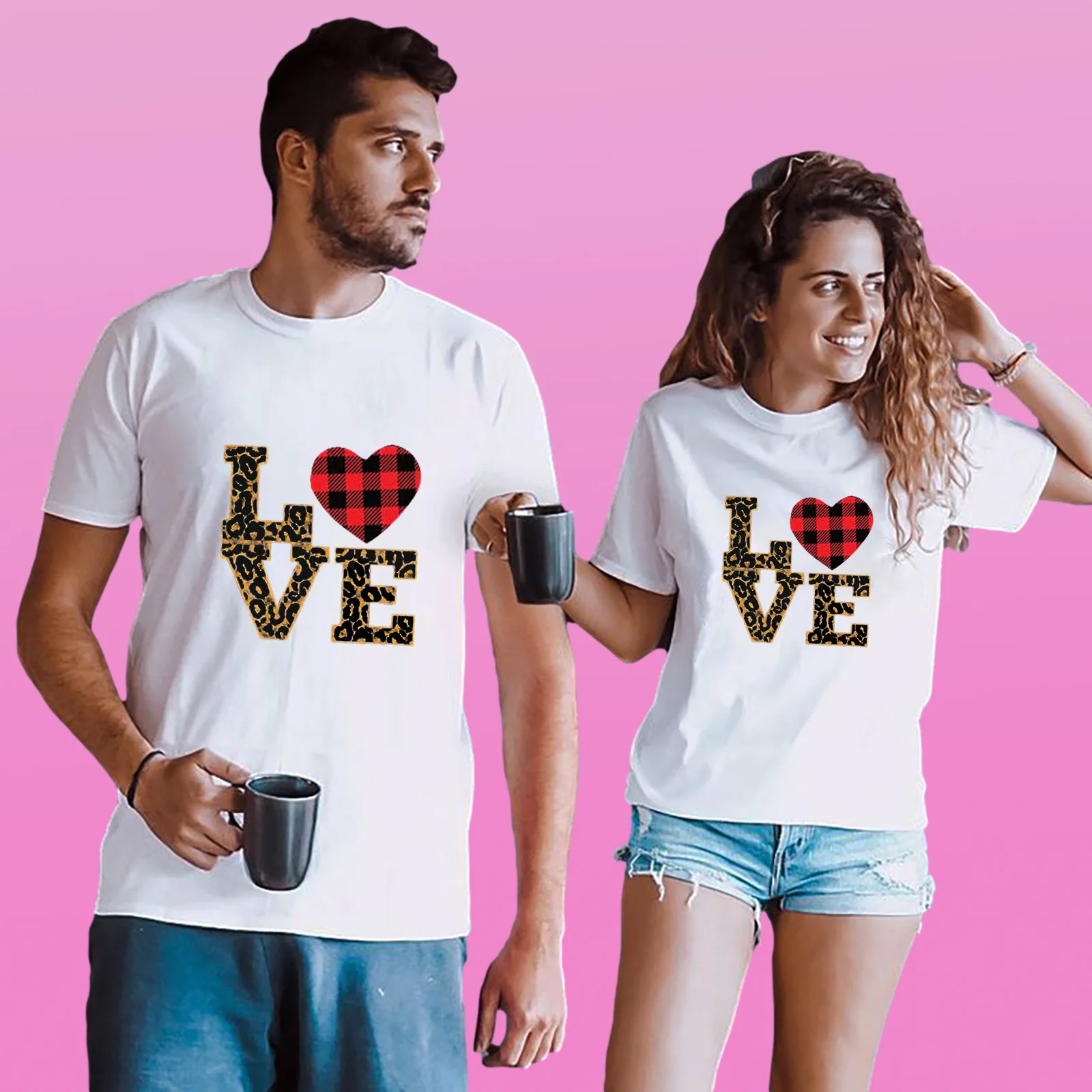

Couple Clothing Women's White Tee Letter Round Neck Men's Pullovers Vintage Harajuku Female Male Tops Unisex