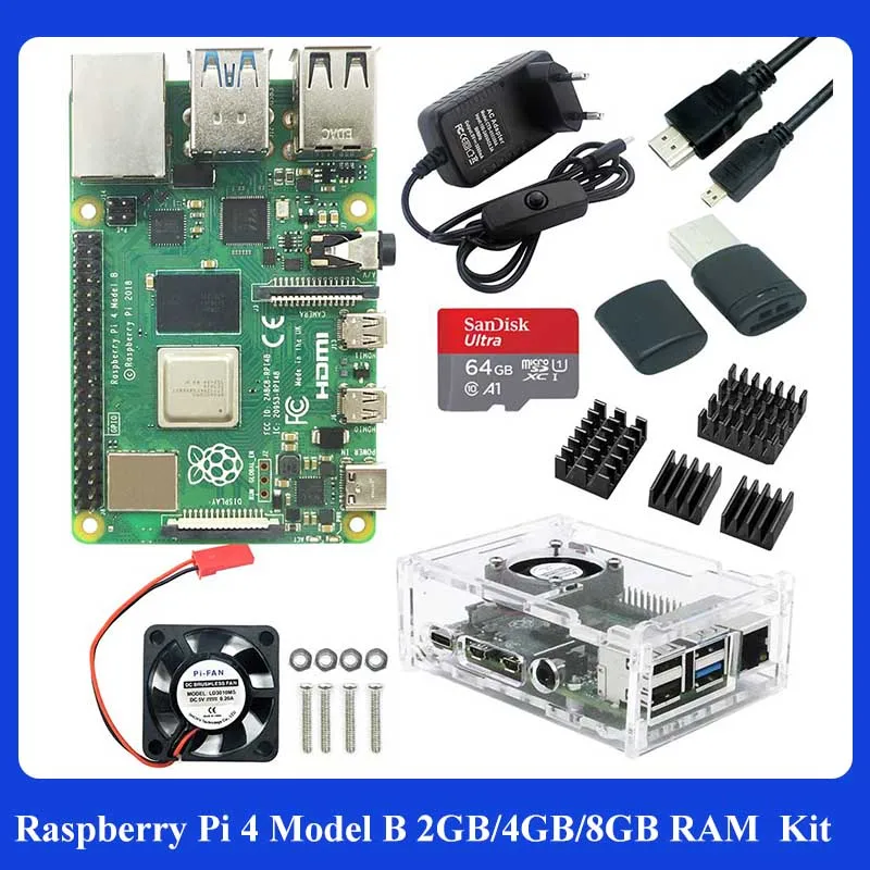 Raspberry Pi 4 Model B 2/4/8 ГБ ОЗУ + чехол вентилятор радиатор адаптер питания карта 32/64 Гб HDMI