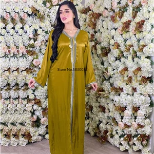 Satin Arabic Long Dresses Jalabiya Women Golden Ribbon Patchwork V Neck Long Sleeve Maxi Dress Abaya Muslim Turkish Clothes Fall