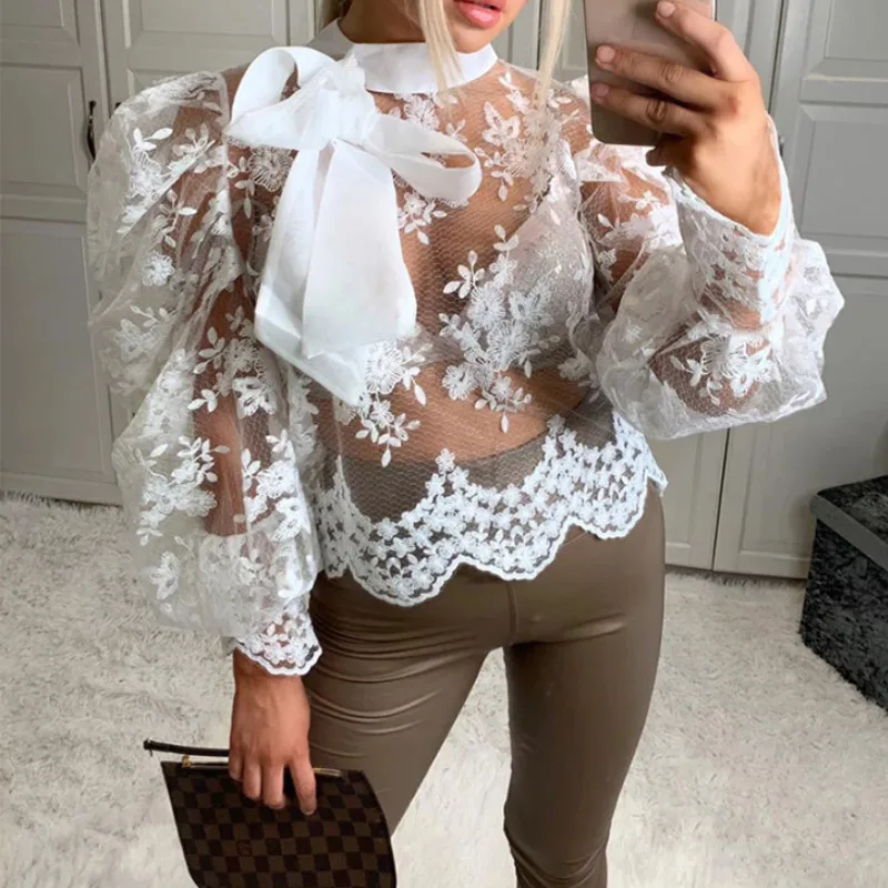 

Women's Crochet Sheer Mesh Long Puff Sleeve Lace Patchwork See Through Bandage Shirt Loose Casual Blouse