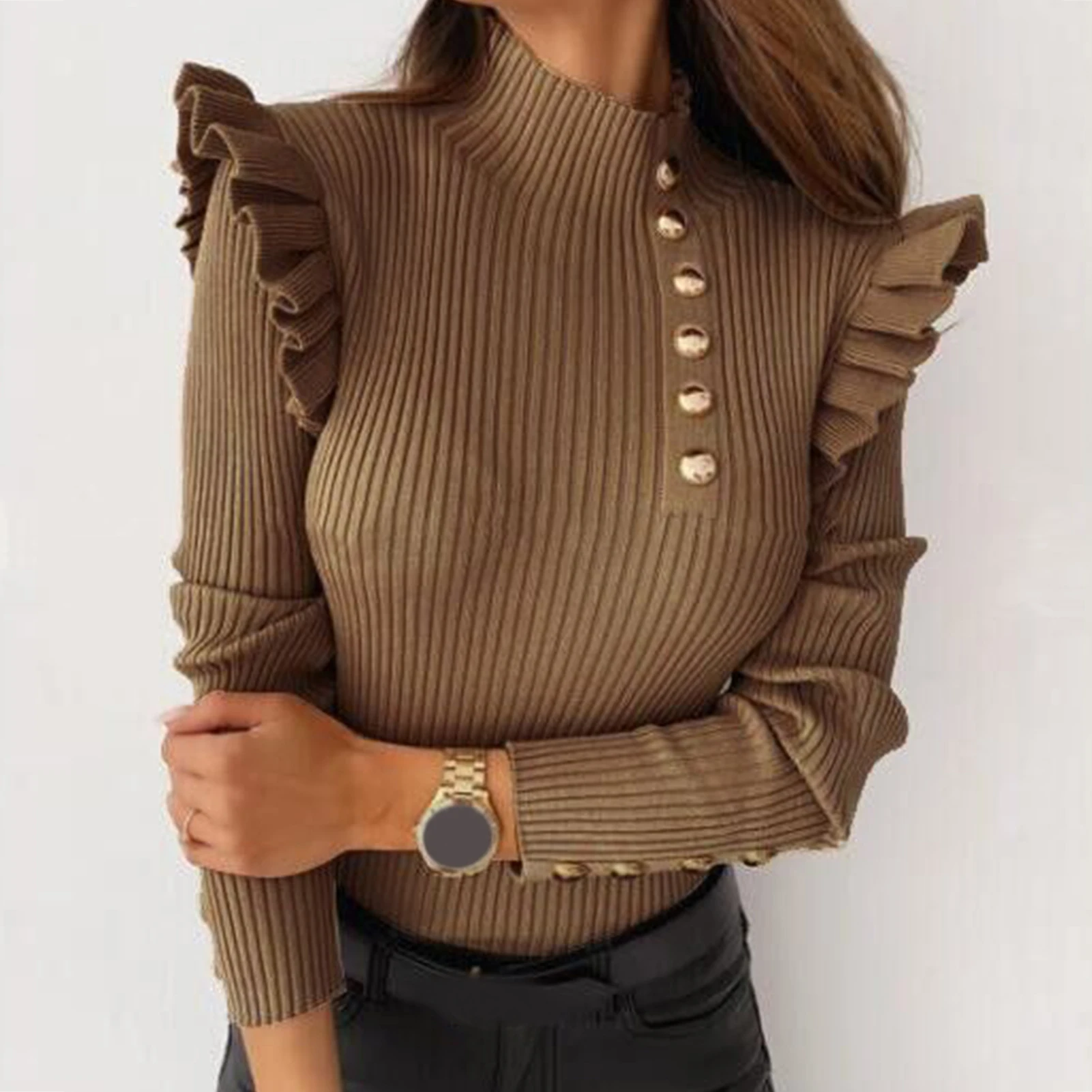 

Autumn Winter Women Tight Based Long Sleeve Knitwear Rib Blouse Turtleneck Buttons Ruffle Sweater Pullover