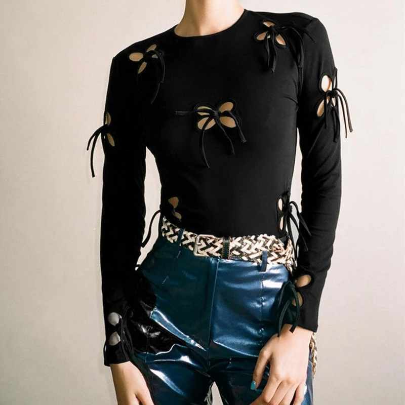 

Y2K эстетичные бандажные Футболки с длинным рукавом и бабочкой винтажные топы для E-Girl с вырезами и круглым вырезом готические футболки в сти...