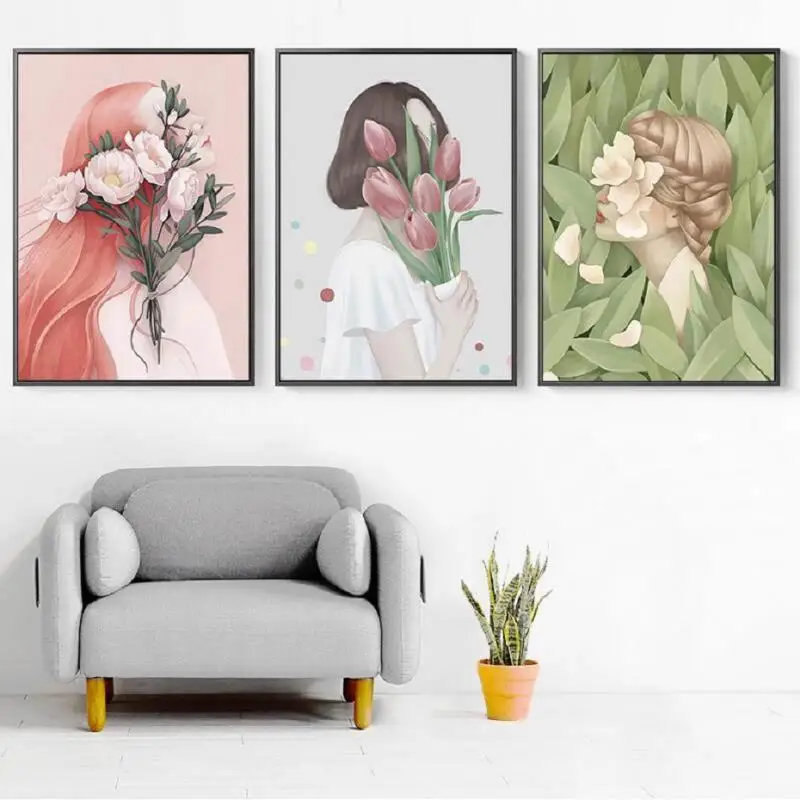 

Nordic Abstract Floral Plants Girl Posters and Prints Fashion Minimalist Canvas Painting Wall Art Picture for Living Room Decor