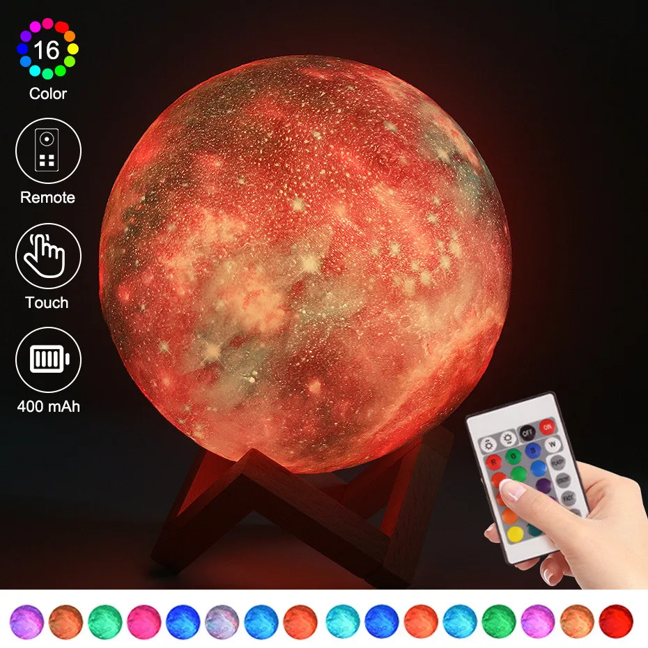 

3D Print Galaxy Moon Lamp LED Night Light Touch USB Rechargeable 16 Colors Dimmable Remote Control Kids Gifts for Bedroom Decor