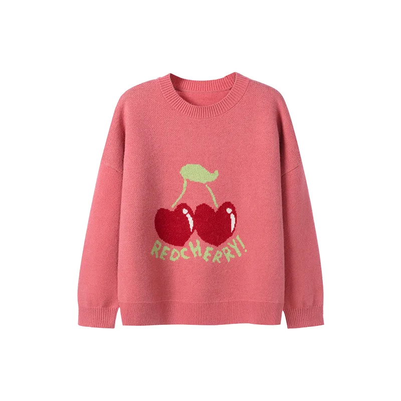 

2020 women's autumn and winter new small cherry powder loose sweater knit sweater pullover women's outer wear
