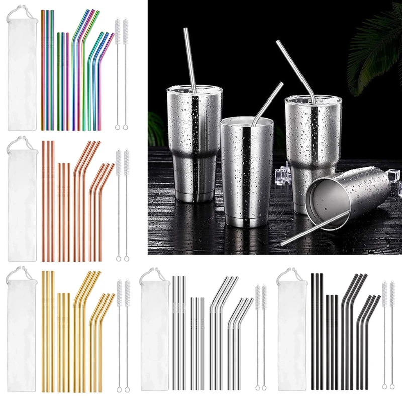 

12Pcs Reusable Stainless Steel Straws with Cleaning Brushes Storage Bag Metal Drinking Straw for Tumblers