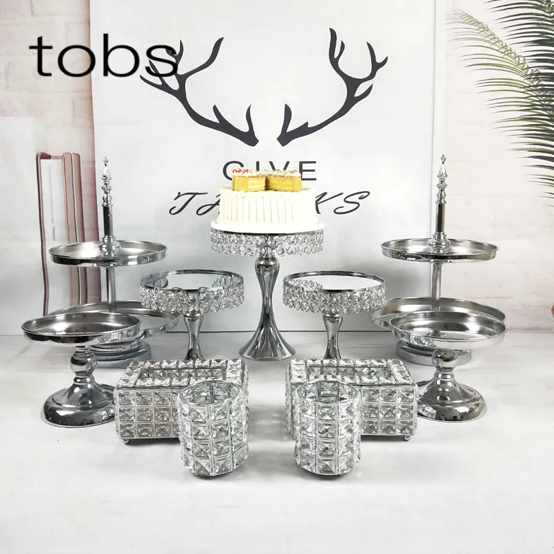 

WHOLESALE DECORATION SUPPLIES WEDDING SET TRAY CRYSTAL SILVER PLATED ROUND METAL MIRROR 3 TIER CAKE STAND