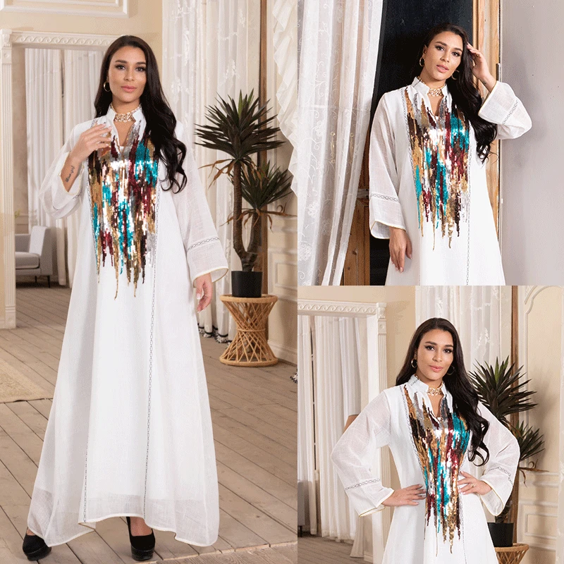 Eid Mubarak Новые блестящие бусины мусульманская мода женская Абая Дубай вечерние платья кафтан платье богемные Цветочные абаи кимоно F3011