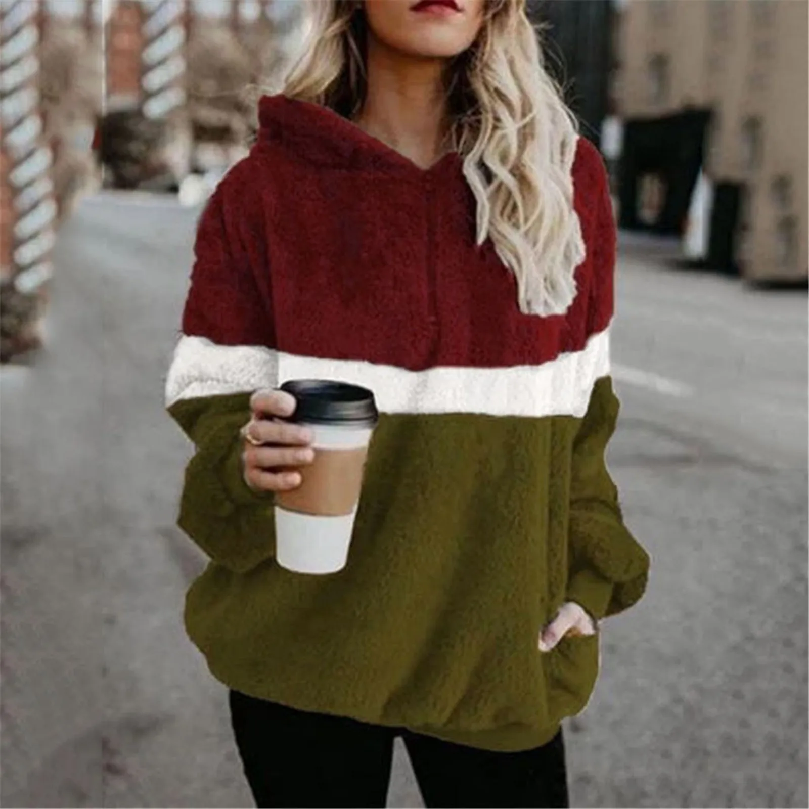

Ladies Hoodies Autumn Winter Patchwork Fleece Pullovers Top Fashion Casual Thicken Hooded Sweatshirt Drawstring Pocket Hoodies