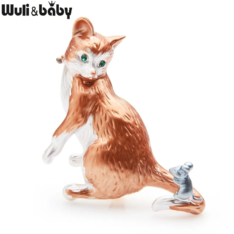 Wuli& baby, эмалированная кошка, играющая в броши с изображением мыши, Женская Коричневая и желтая кошка, животное, повседневная Банкетная брошь, булавки, подарки на год