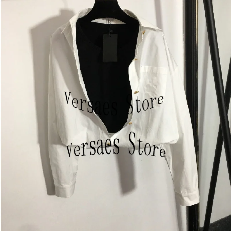 

deluxe design letter printing fashion women's long sleeve top versatile slim fit fake two piece splicing Lapel Long Sleeve Shirt