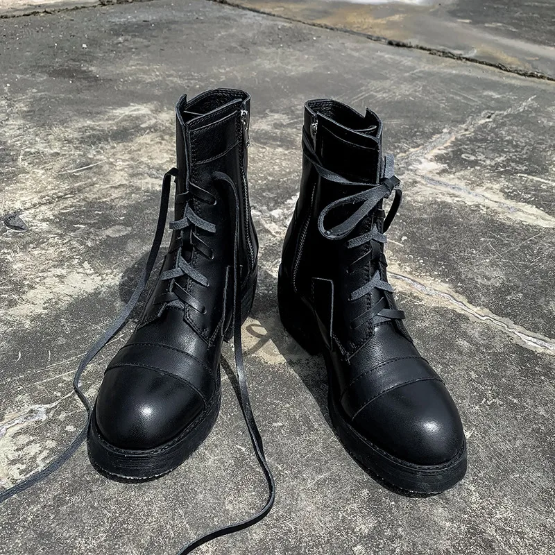 

MoonMeek 2020 new genuine leather boots round toe lace up ankle boots square heels zip ladies autumn winter boots size 34-40