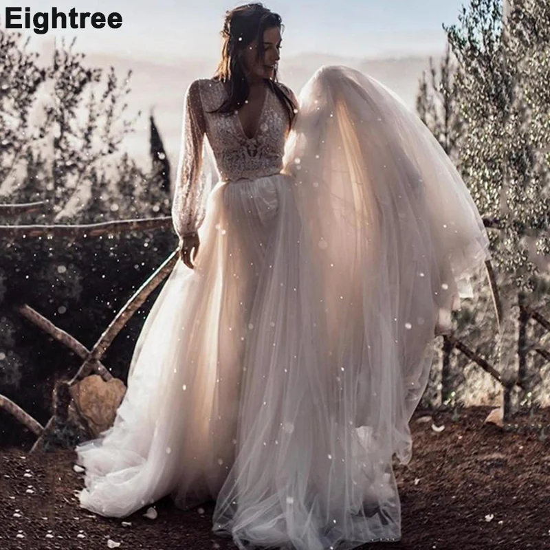 

Богемное свадебное платье с V-образным вырезом, длинными рукавами-фонариками и шлейфом