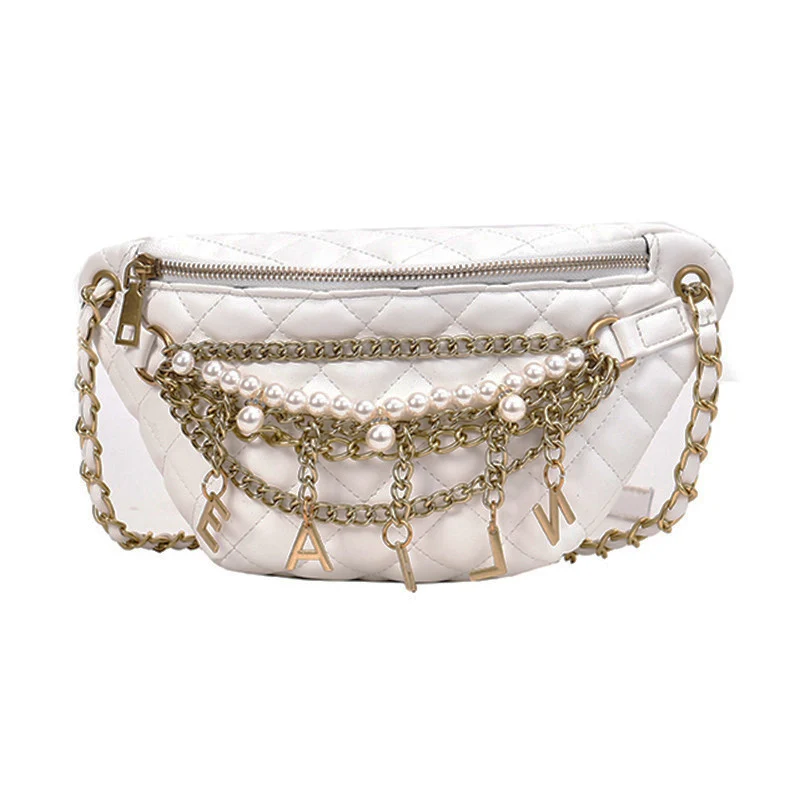 White Waist pack Новая женская поясная сумка, модная кожаная поясная сумка, сумки на пояс, сумки на плечо с ромбовидной цепочкой, Женская нагрудная посылка - Цвет: White Waist pack