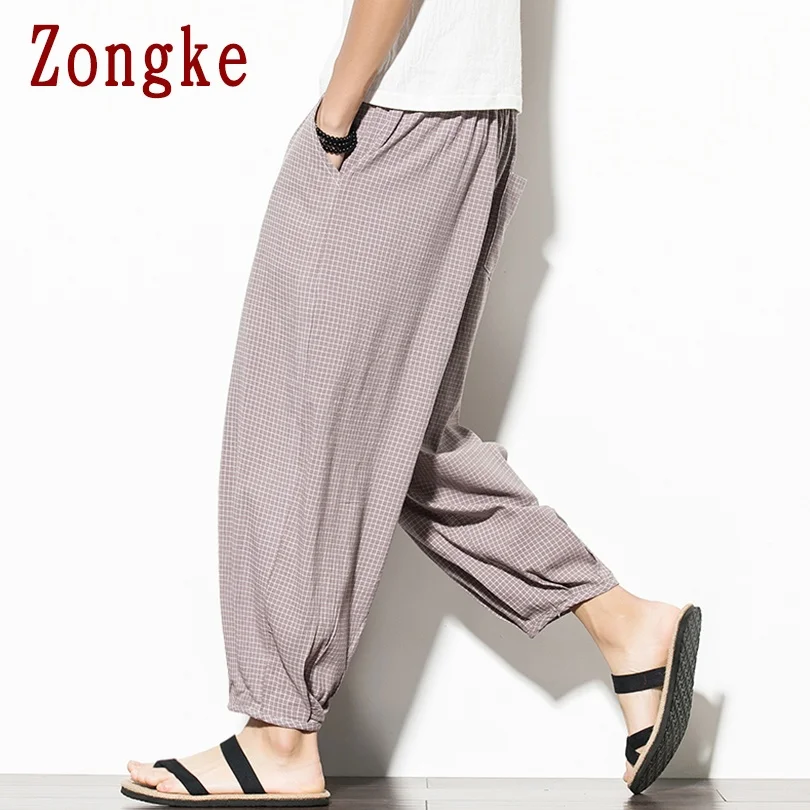 

Zongke Linen Men's Plaid Pants Harajuku Men's Clothing Checkered Pants Korean Style Checked Trousers Ankle-Length M-5XL 2021
